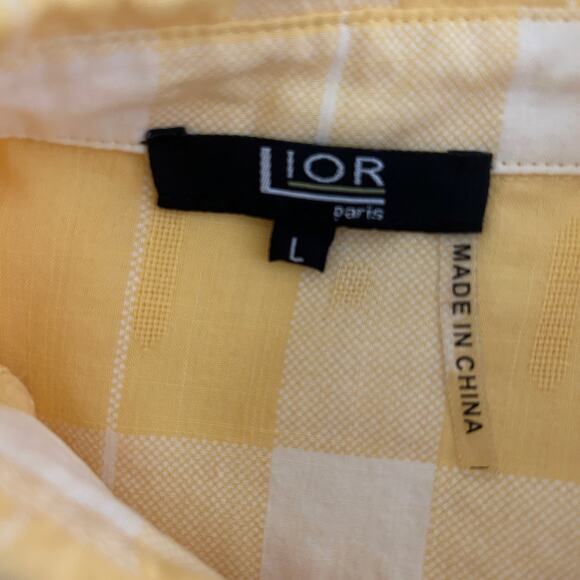 Lior Paris Women Top L Yellow Check Button Up Preppy Coastal Beach Office Travel - Picture 2 of 7